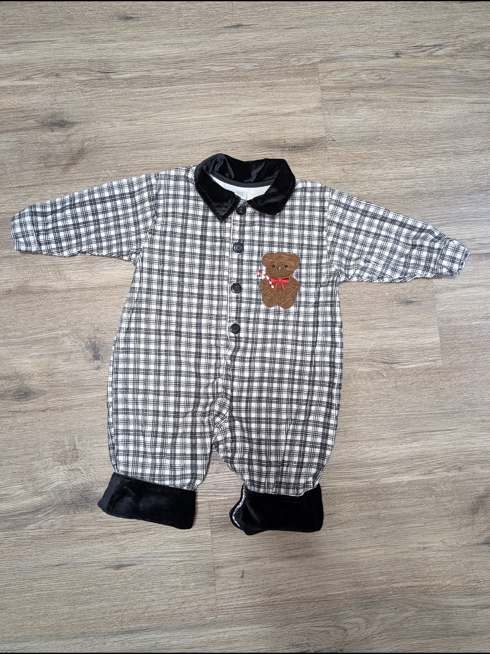 Vintage 80-90's Michael James Teddy Bear One-Piece Romper Black White Plaid 6-9M